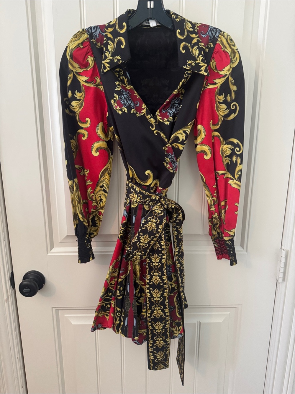 Alice + Olivia Red, Black & Gold Baroque Wrap Mini Dress